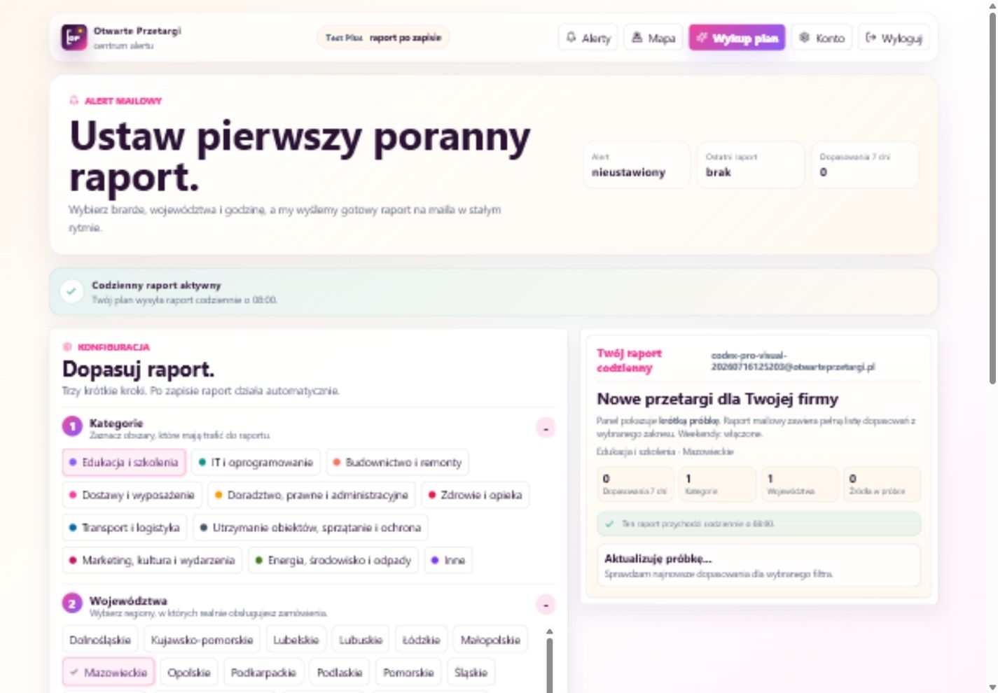 Panel monitoringu Otwarte Przetargi Plus z podsumowaniem raportu